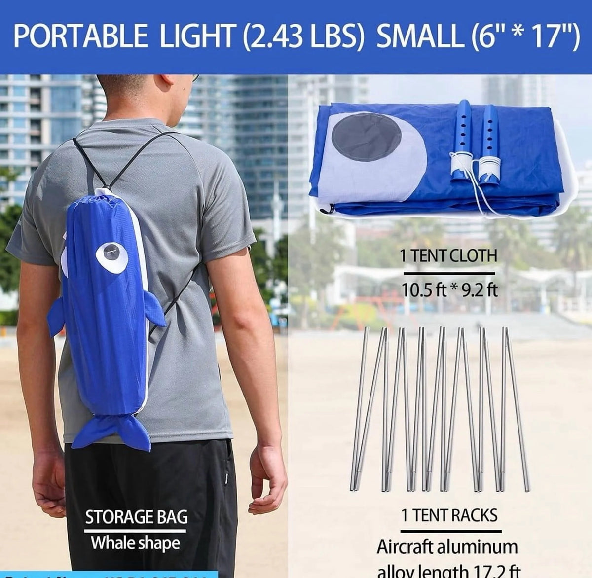 Portable Blue Beach Shade Tent - Lightweight 2.43 lbs, Fits 2-3 People, Wind-Resistant Sun Shelter for Outdoor