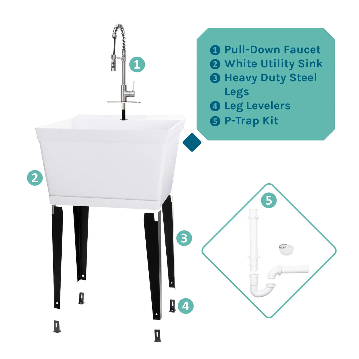 Tehila Blue 19 Gallon Utility Sink with High-Arc Stainless Finish Coil Pull-Down Faucet