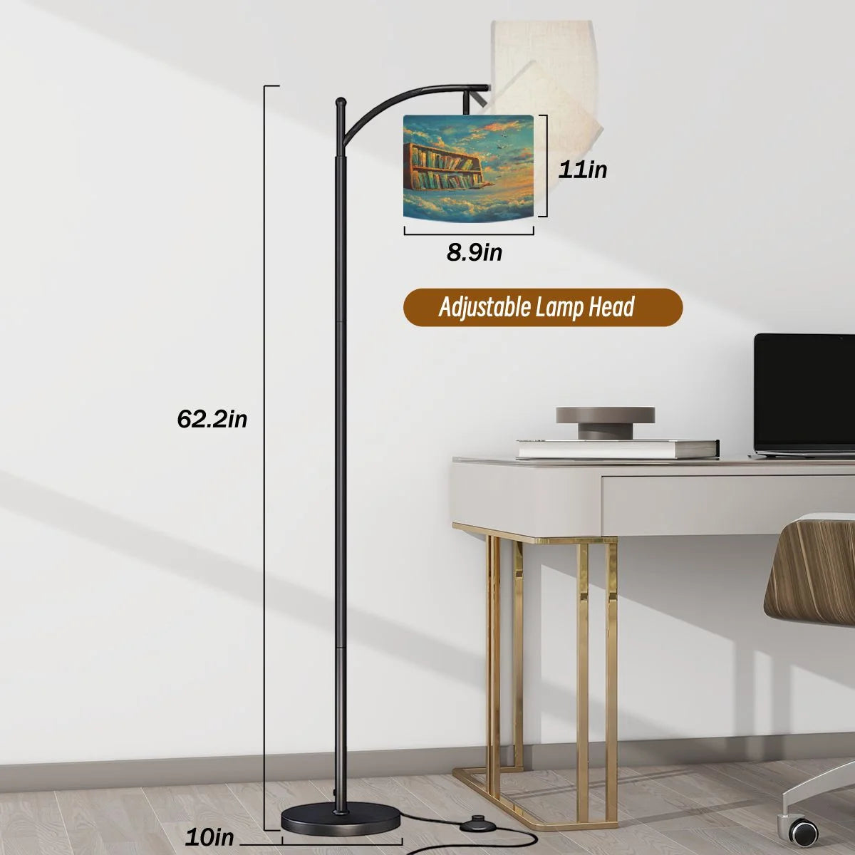 Arc Floor Lamps Surreal Bookshelf Dreamlike Sky Art Print Modern LED Adjustable Lampshade Standing Light for Living Room Reading Bedroom Office