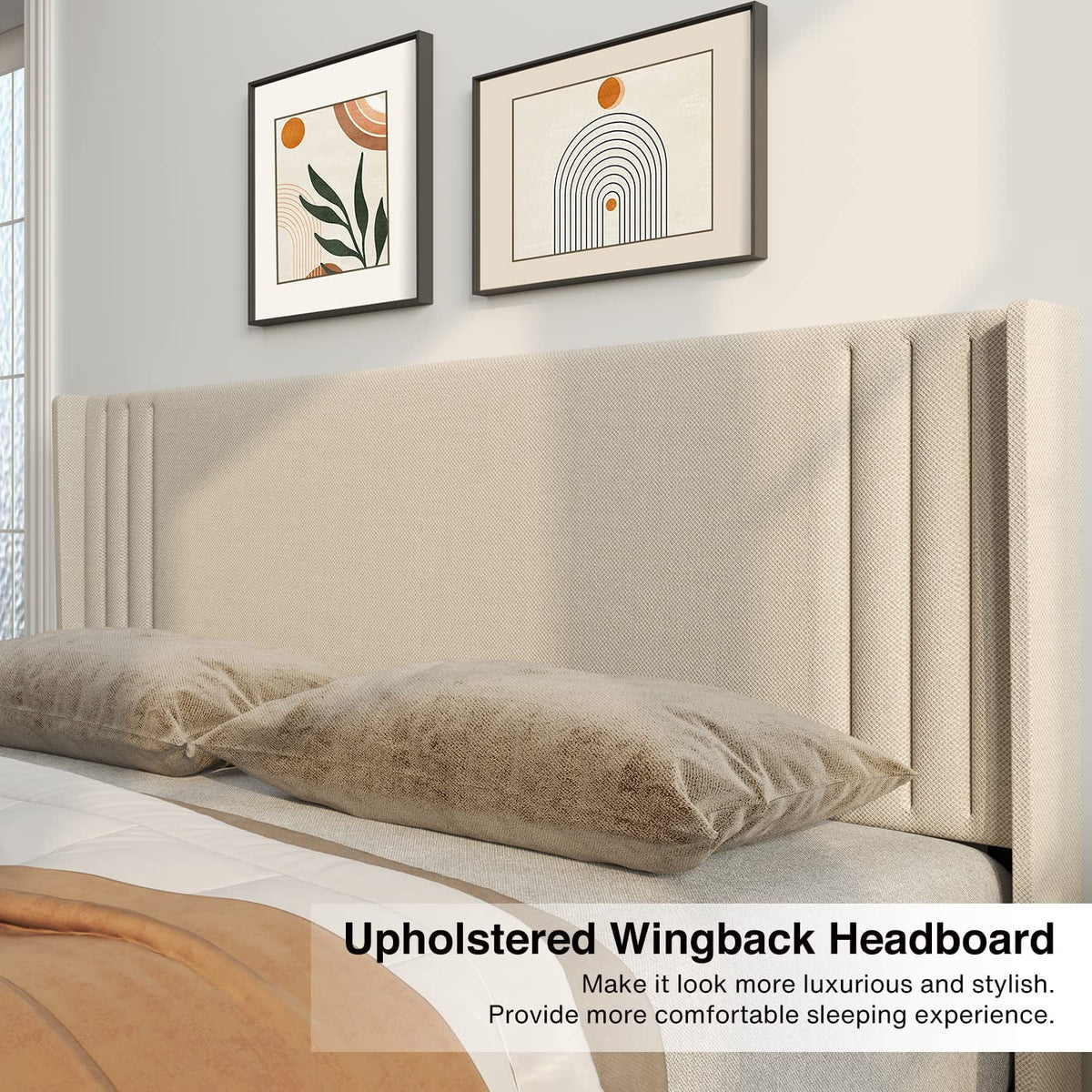 Full Size Bed Frame with Headboard, Under-Bed Storage, 850lbs, Beige