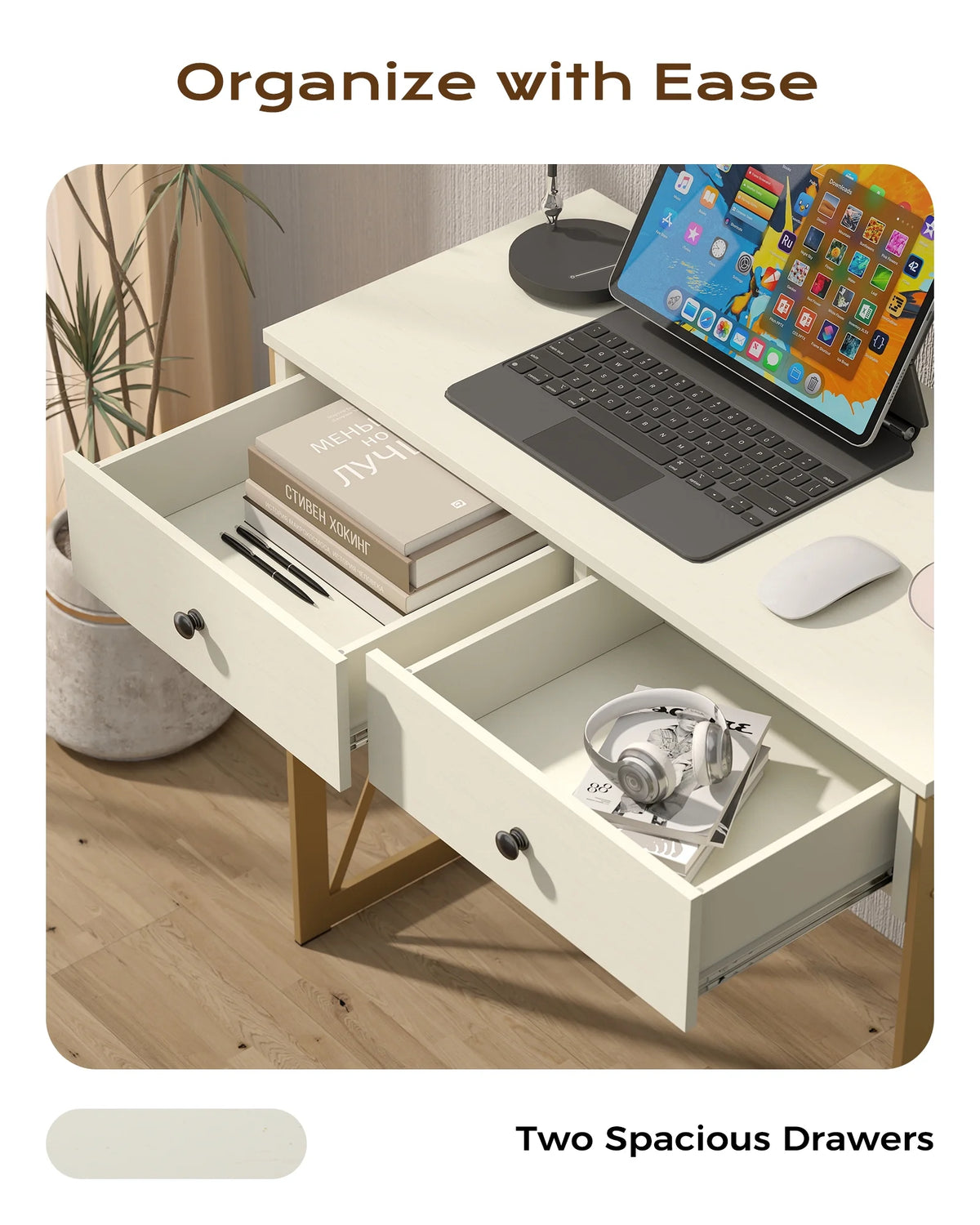 Manxile Fluted Computer Desk with USB Ports & Power Outlet, Modern White Study Table with Drawers