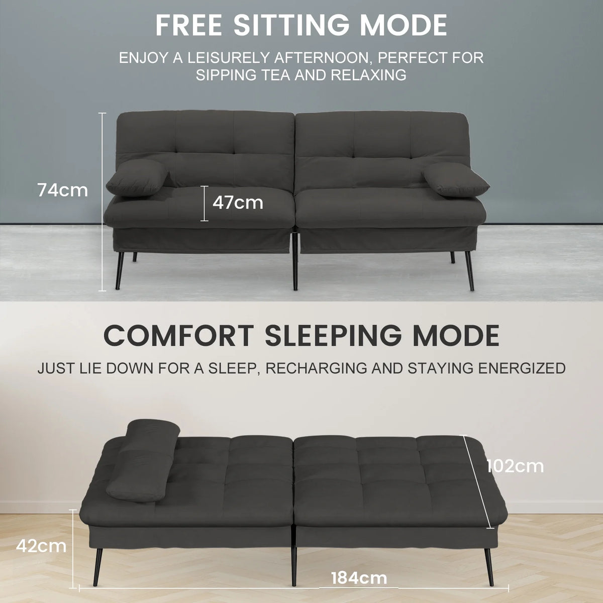 Futon Sofa Bed 73�� W Large Size Fabric Futon Couch with Adjustable Backrest Folding Futon Sleeper Recliner,Black