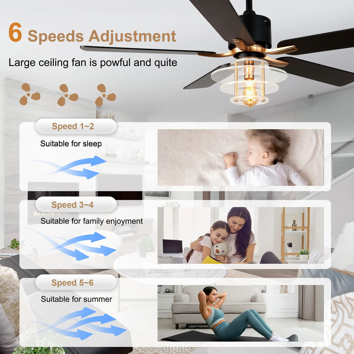 Bella Depot 52" Modern Black Ceiling Fan 6-Speed Reversible with Light and Remote Control