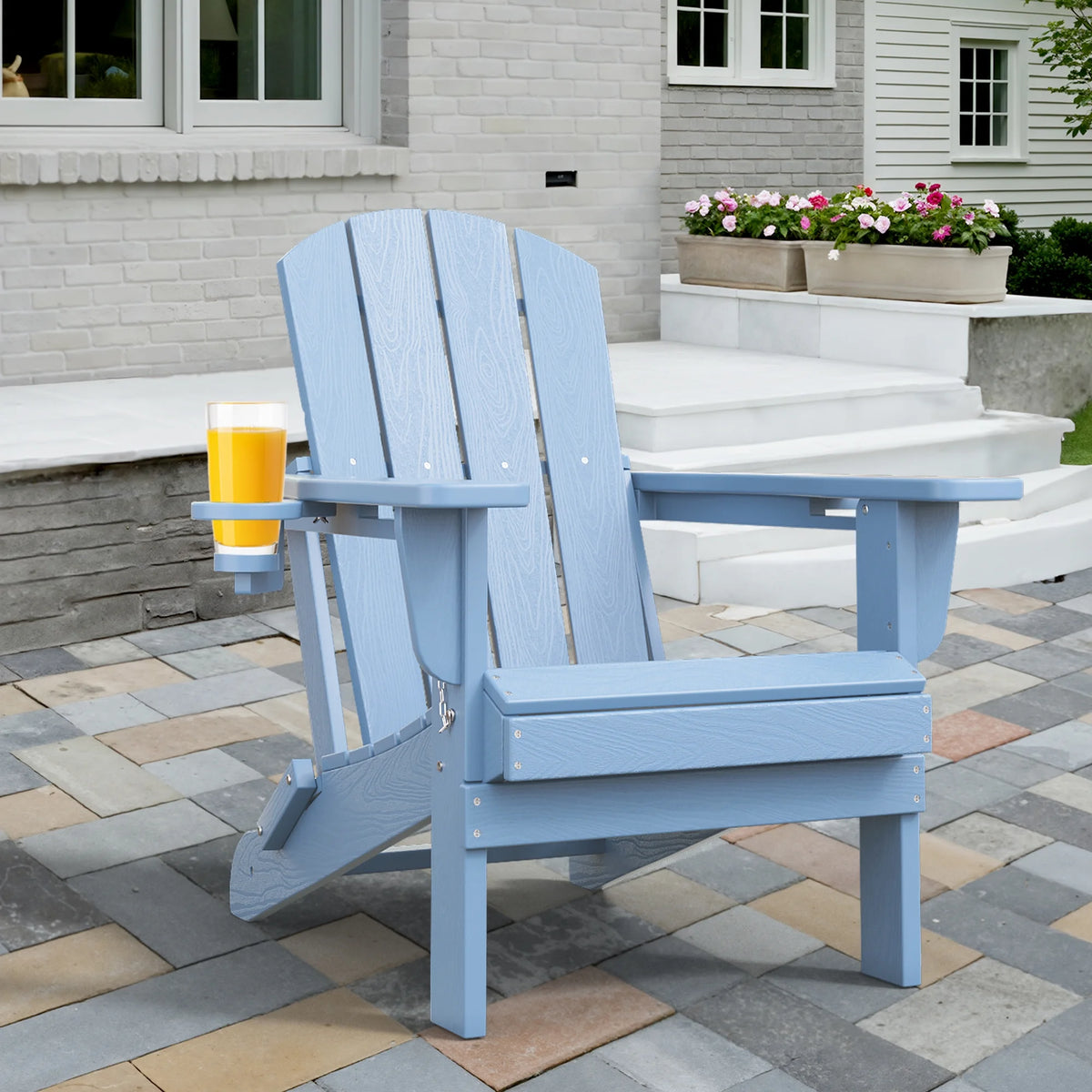 SERWALL Folding Adirondack Chair Set with Dual Cup Holders & Phone Holder, All-Weather HDPE Fire Pit Chairs for Outdoor, Patio, Poolside, Garden - Black