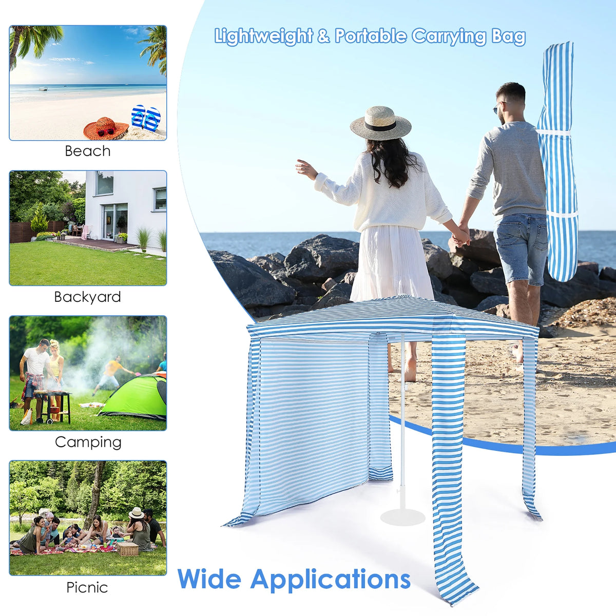 Costway 6.6' x 6.6' Foldable Beach Cabana Easy-Setup Beach Canopy W/ Carry Bag Blue