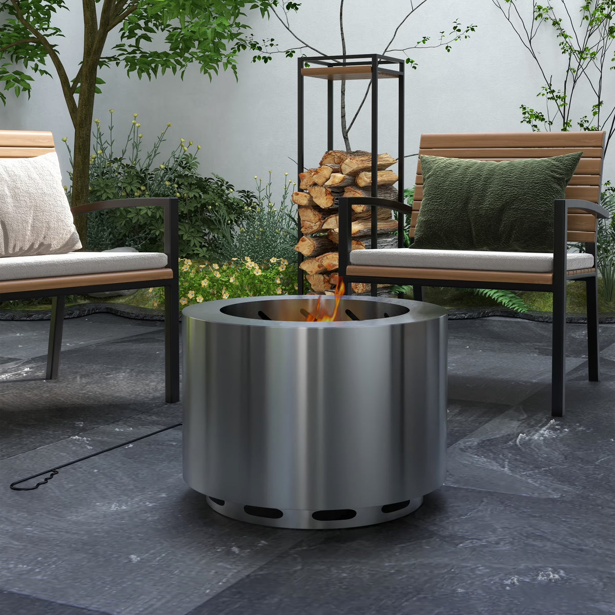 Outsunny Smokeless Fire Pit w/ Poker, 19" Firepit, Steel, Black