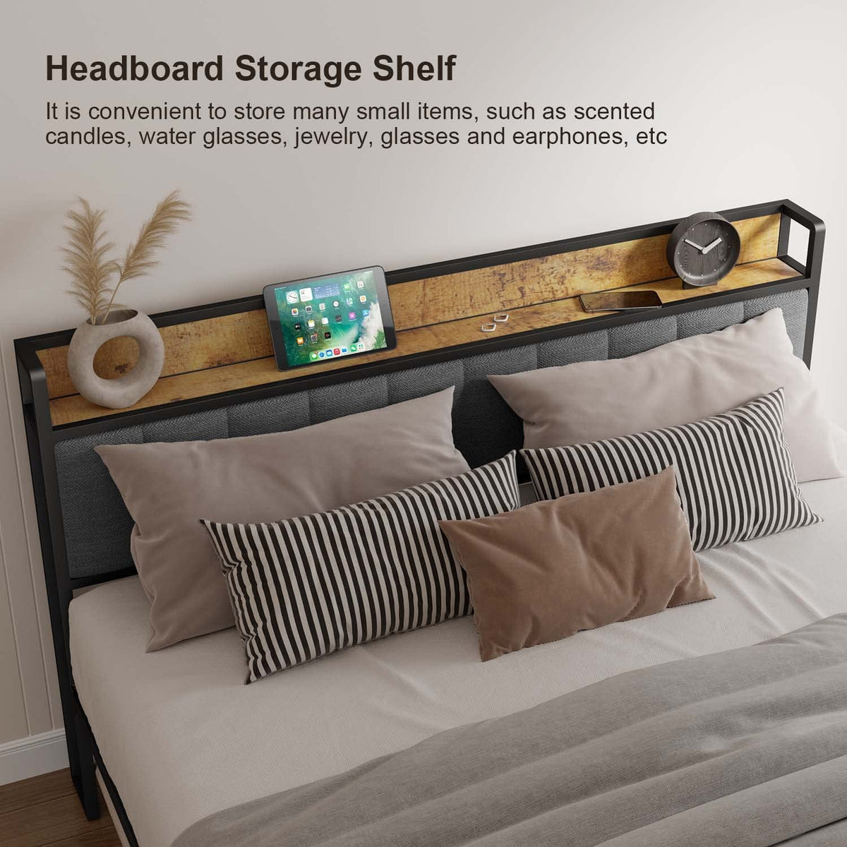 Lofka Queen Size Bed Frame with Upholstered Wingback Headboard Beige Finish