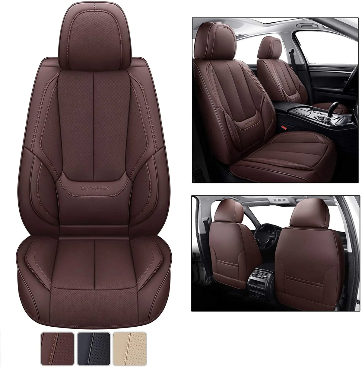 Coverado Black Front Car Seat Covers, Stylish Waterproof Premium Leather Automotive Seat Protectors, Airbag Compatible Auto Interior Accessories Universal Fit for Most Cars SUV Pick-up Trucks