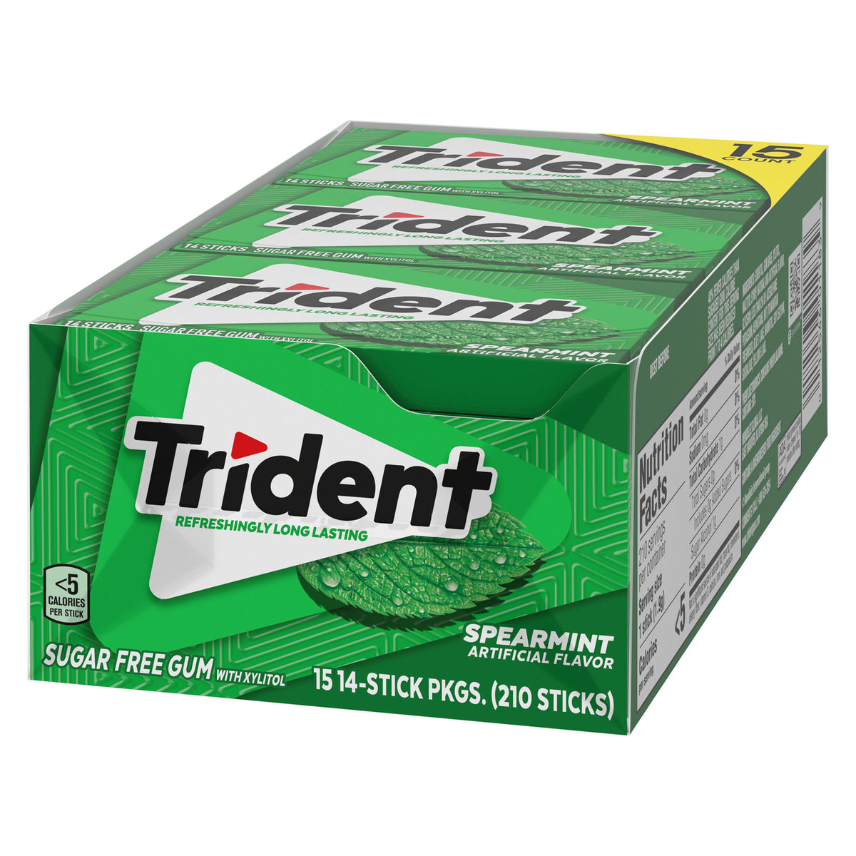 Trident Sugar Free Gum, Spearmint, 14-count, 15-pack