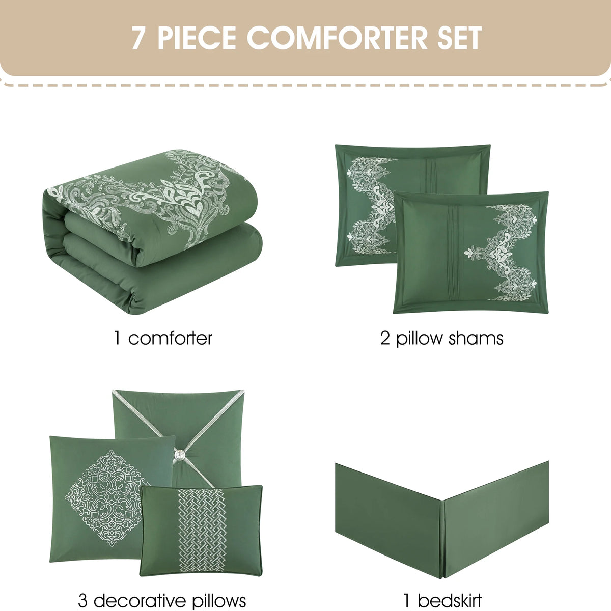 Lanco Taupe Damask Patchwork Queen Size Comforter Set, 7 Piece, Chain Stitching Embroidery Ultra Soft, Premium Microfiber, All Season