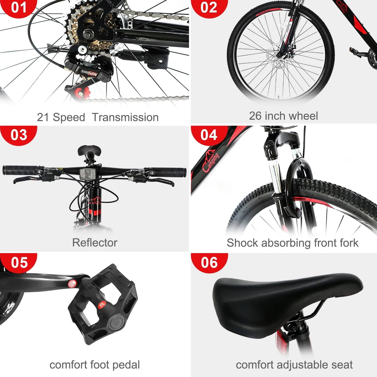 Campingsurvivals 21 Speed Mountain Bikes, with 26 inch Wheels and Dual Disc Brakes, Red/Black