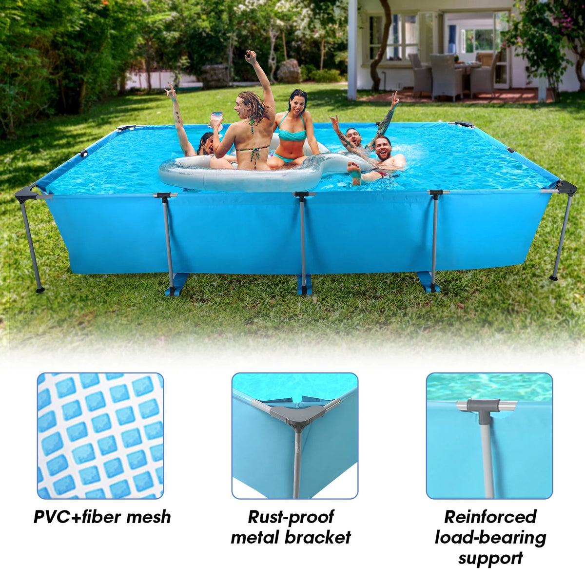 10FT Large Swimming Pool Framed Rectangle Above Ground Durable Easy to Assemble for Endless Water Play