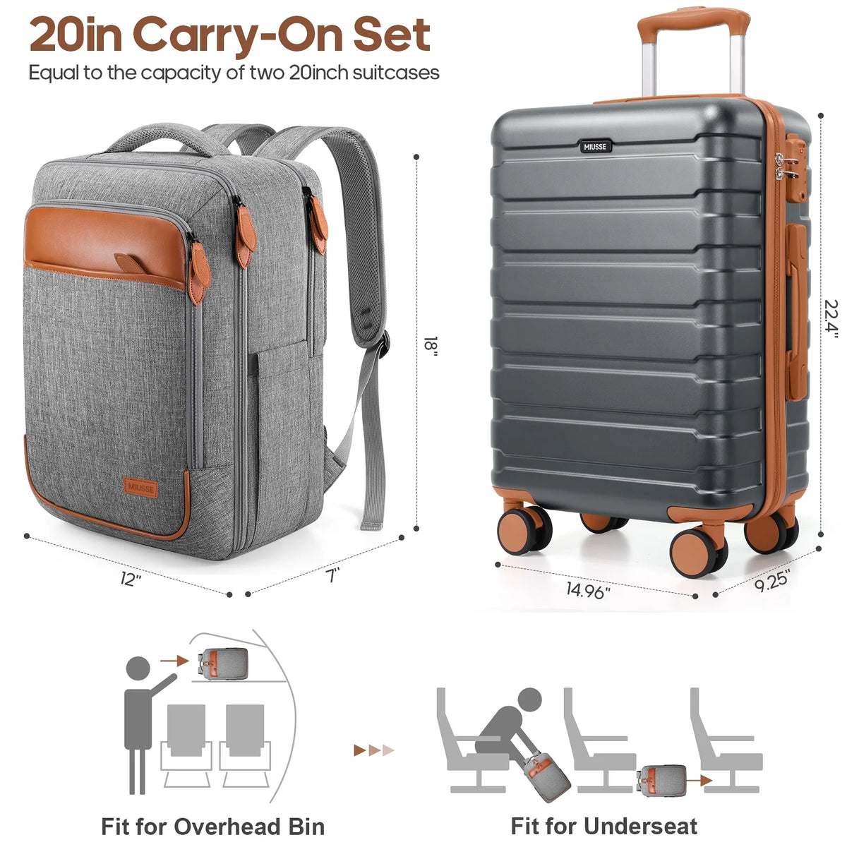 MIUSSE Carry on Luggage Set 3 Piece Hard Shell Luggage Sets with Spinner Wheels TSA Lock Carry on with Backpack Set
