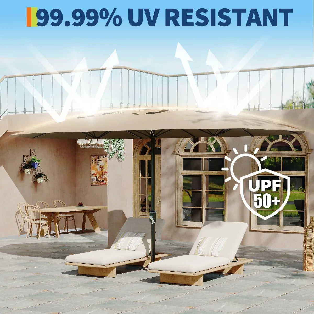 WildBreak Triple Size Large Patio Umbrella, with Crank Handle, Double-Sided, 13' x 6.5', Beige