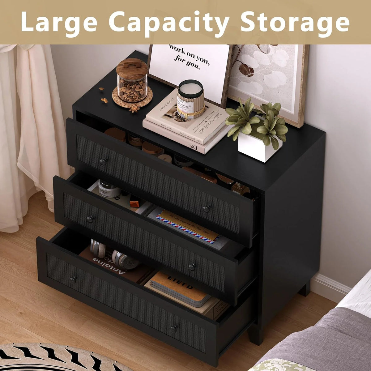 FANRAL 3 Drawer Dresser for Bedroom,Boho Small Natural Rattan Closet Dressers Chest of Drawers,Modern Wood Clothes Storage Organizer with Wooden Feet and Handles for Hallway,Living Room,Entryway