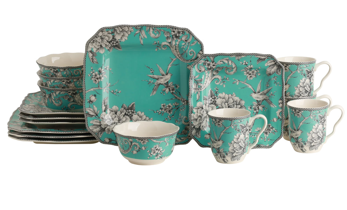 222 Fifth Adelaide Round 16-Piece Porcelain Dinnerware Set, Black Toile