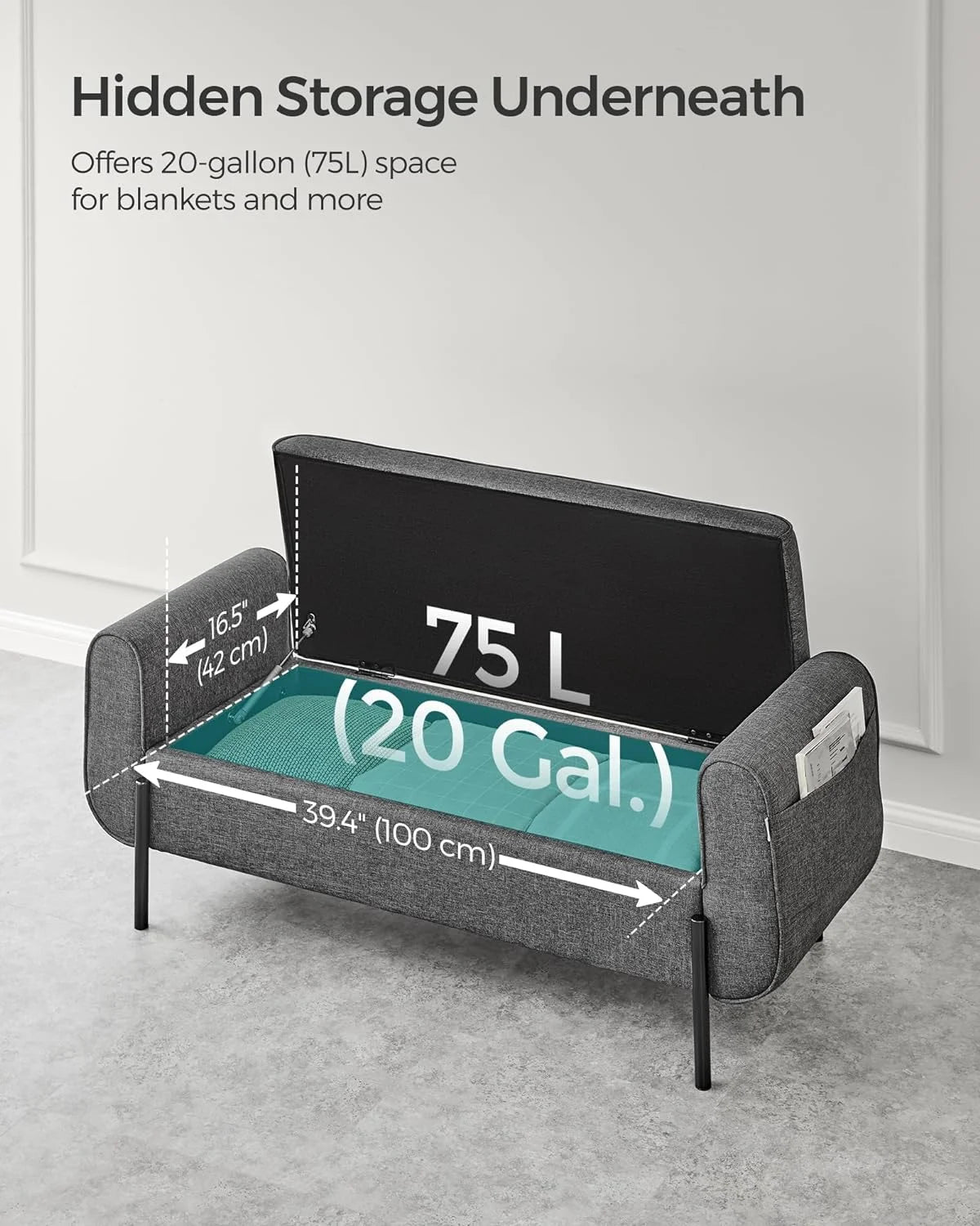 SONGMICS 46.5" Storage Ottoman Bench Storage Bench Bedroom Bench 330lb Load Capacity Solid Wood Legs Light Gray