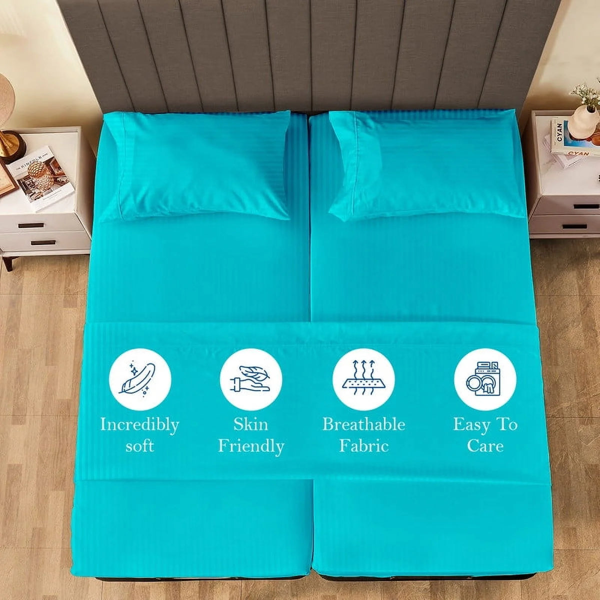 5-Piece Split Queen Sheet Set, 800 Thread Count, 100% Egyptian Cotton, Color Aqua Blue Stripe Pattern, Fits 16-Inch Deep Mattresses