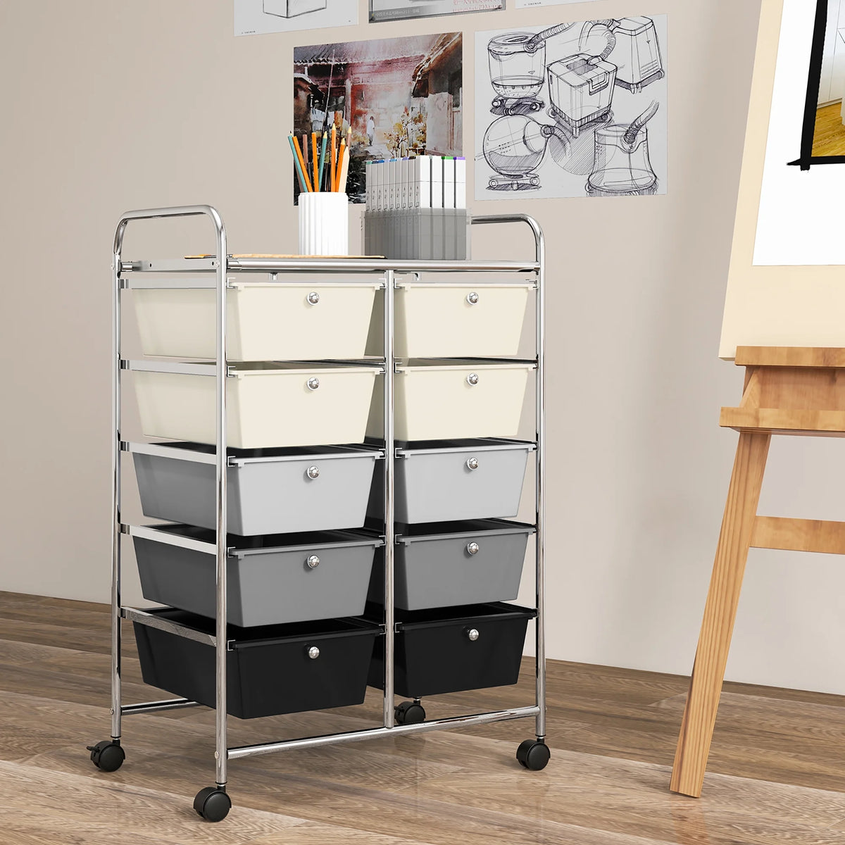 Gymax 10-Drawer Rolling Storage Cart Tools Scrapbook Paper Organizer on Wheels Black Gradient