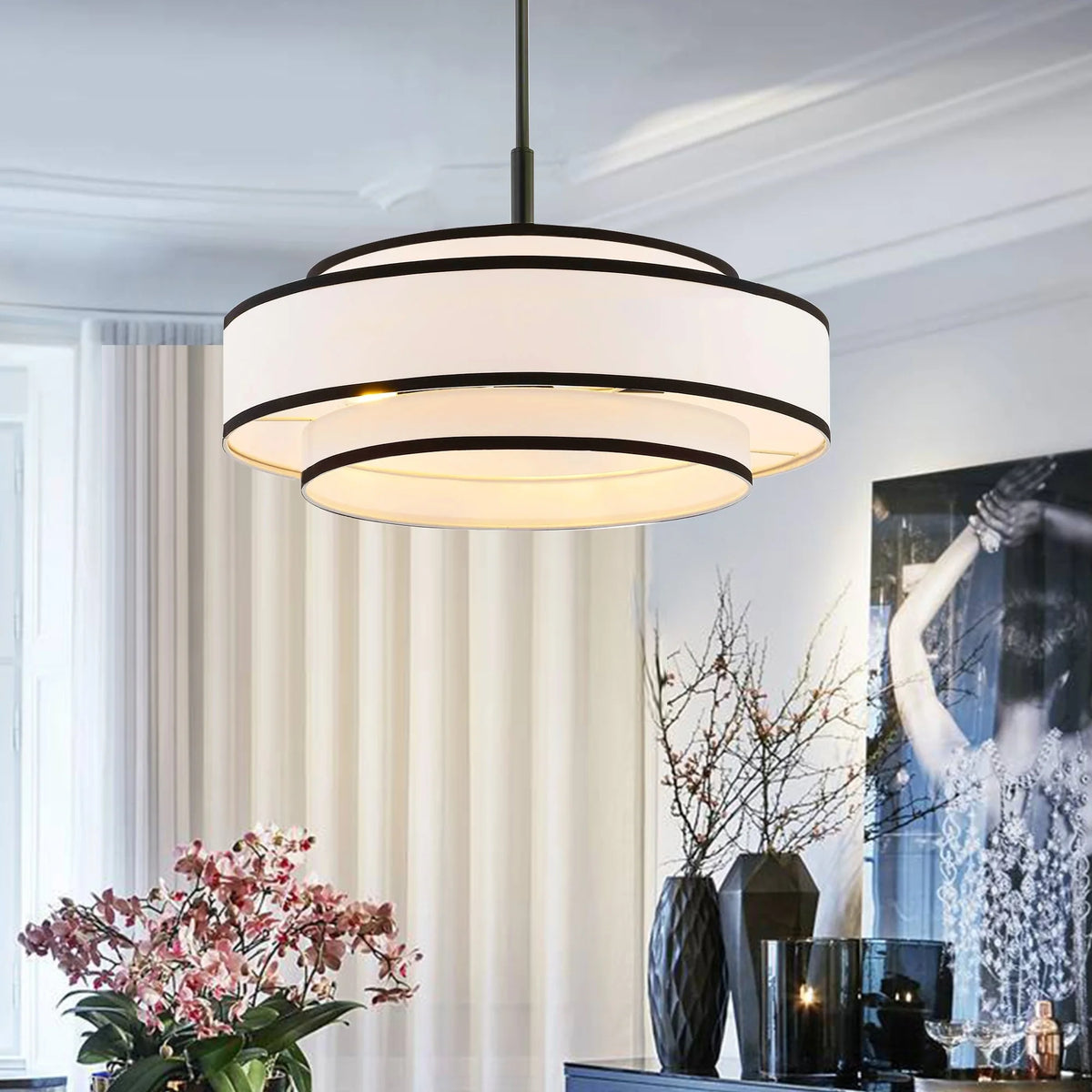 GetLedel 5-Light Double Shaded Dimmable Drum Chandelier Black