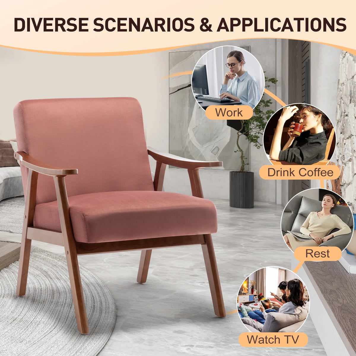 JONPONY Mid-Century Accent Chair,Living Room Chair with Solid Wood Frame,Accent Chair Extra-Thick Backrest,Wingback Chair for Bedroom,Reading Room,Living Room,Small Space,Black