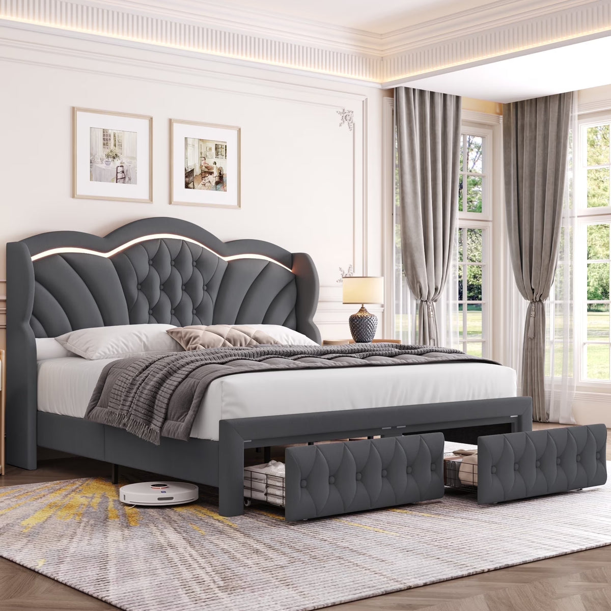 Hiphuta Modern Queen Bed Frame with 2 Drawers, LED Lights Platform Bed Frame, Sturdy Beds Frame with Upholstered Button Tufted Headboard, Velvet White