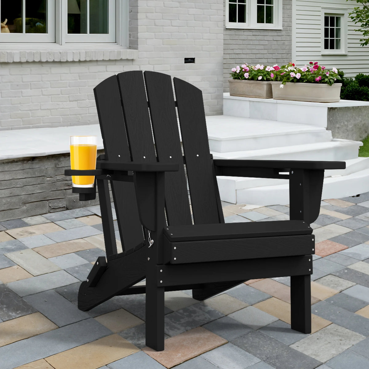 SERWALL Folding Adirondack Chair Set with Dual Cup Holders & Phone Holder, All-Weather HDPE Fire Pit Chairs for Outdoor, Patio, Poolside, Garden - Black