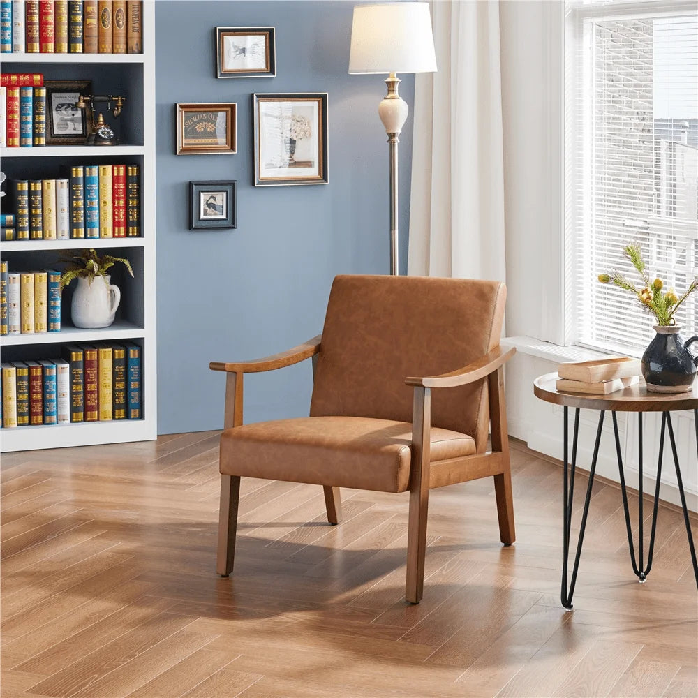 Yaheetech Mid-Century Upholstered Faux Leather Armchair with Solid Wood Legs,Brown
