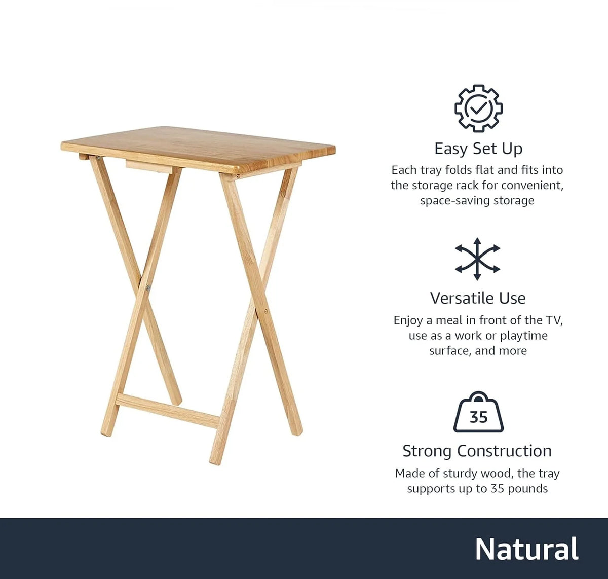 MY Basics Classic Foldable TV Dinner Tray Table with Storage Rack, 14.6 L x 19 W x 26 H inch, Natutral, 4-Pack