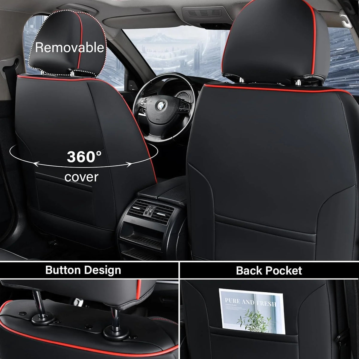Coverado Black Front Car Seat Covers, Stylish Waterproof Premium Leather Automotive Seat Protectors, Airbag Compatible Auto Interior Accessories Universal Fit for Most Cars SUV Pick-up Trucks