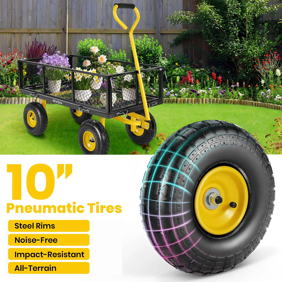 GVDV Heavy Duty Steel Garden Cart with Liner, 660lbs Capacity, 3 Cu ft, 10" All-Terrain Wheels, Black/Yellow �C Durable Utility Cart for Yard Work, Hauling, and Outdoor Use