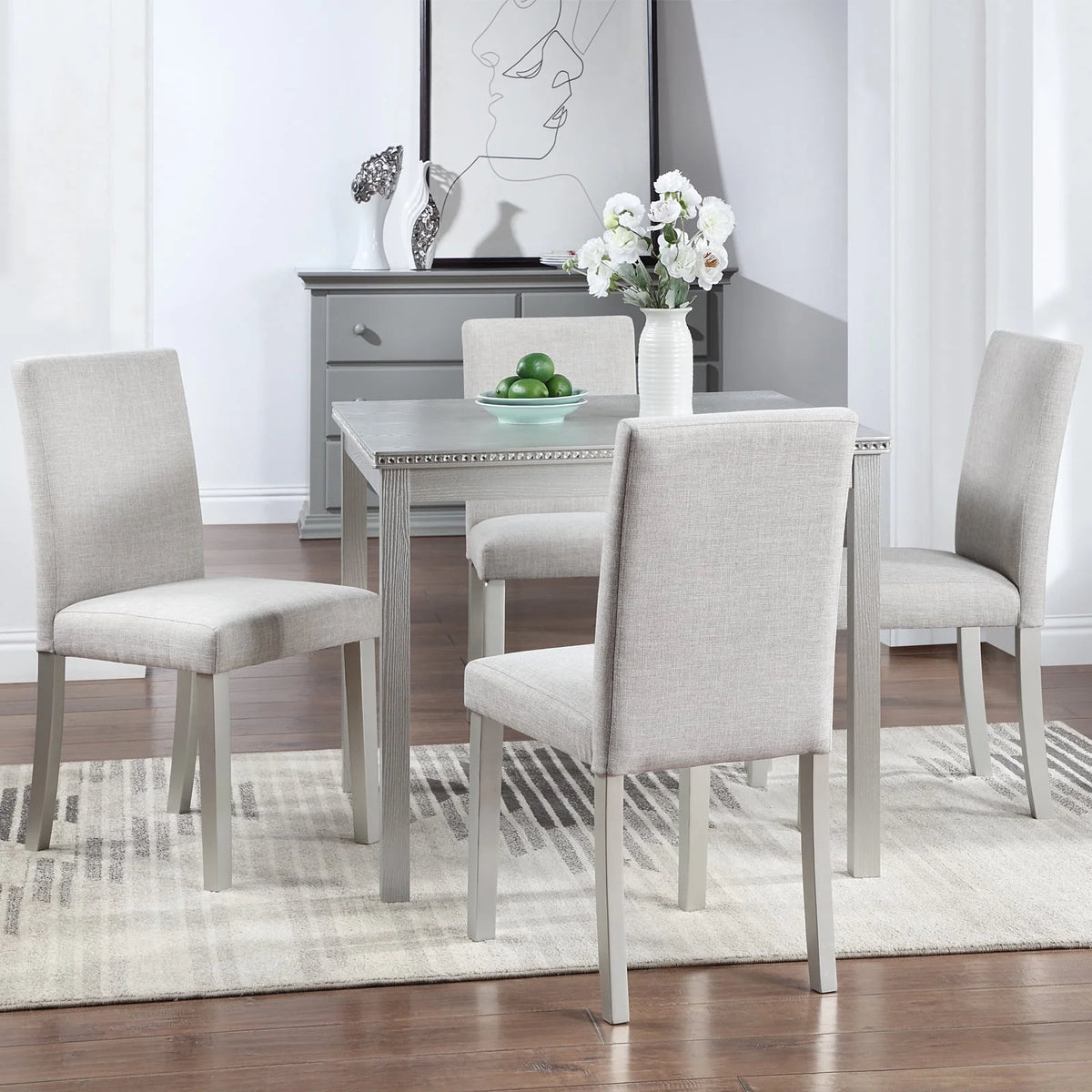 PORKISS Dining Table Set for 4, Solid Wood Dining Room Set with 1 Square Table 4 Upholstered Chairs, Dinner Table with Padded Chairs for Home Kitchen, Gray