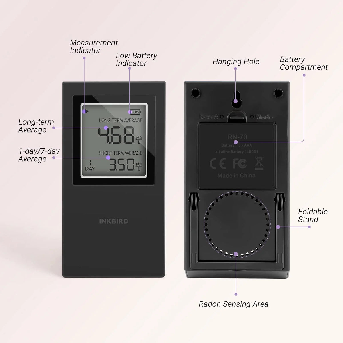 Inkird Home Radon Detector, Portable Radon Meter, Short-Term and Long-Term Accurate  Monitoring 2-Year Battery,White