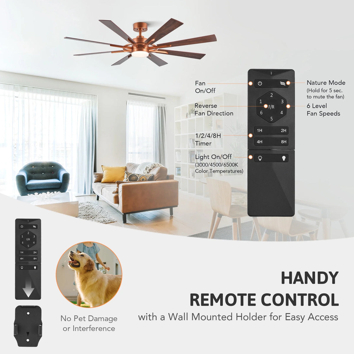 Bestco 60" Ceiling Fan with Light Kit and Remote Control for Farmhouse Living Room