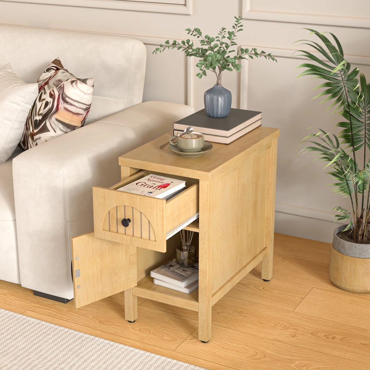 Narrow Nightstand with Drawers, Wood End Table, Narrow Side Table, Modern Sofa Side Table