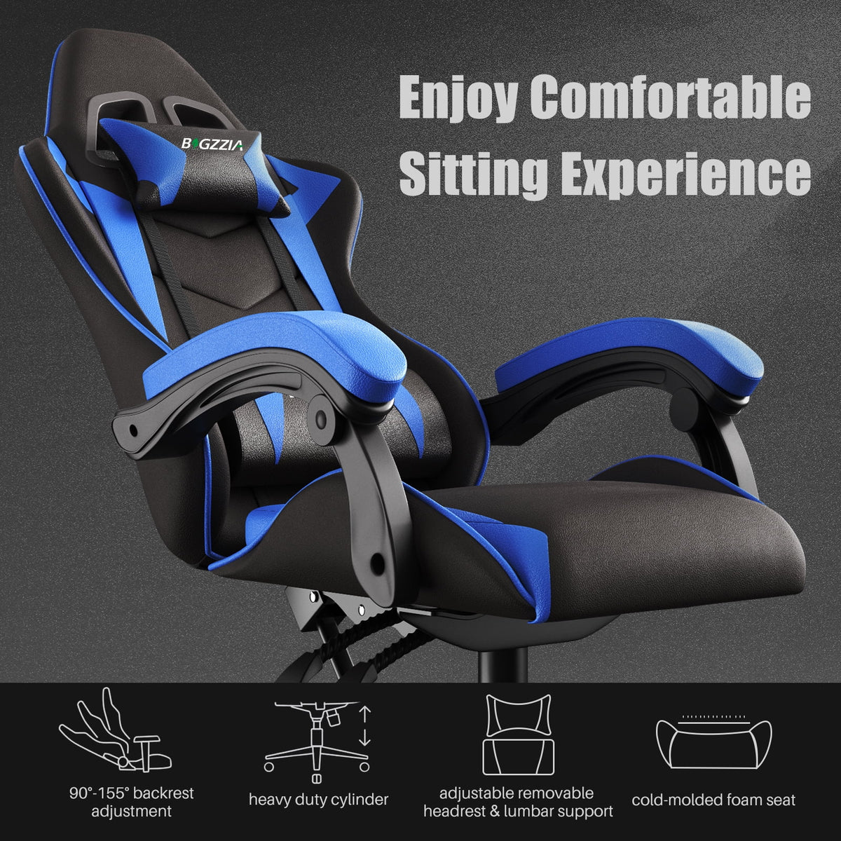 Bigzzia Gaming Chair Pu Leather Office Chair with Ergonomic Lumbar Pillow, Reclining Racing Game Chair Backrest and Seat Height Adjustable Swivel Recliner,Esports Chair with Headrest,Blue