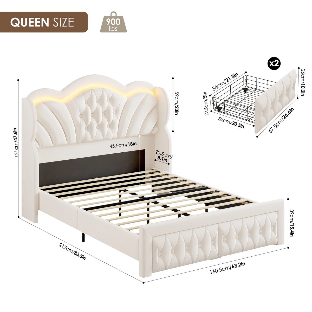 Hiphuta Modern Queen Bed Frame with 2 Drawers, LED Lights Platform Bed Frame, Sturdy Beds Frame with Upholstered Button Tufted Headboard, Velvet White