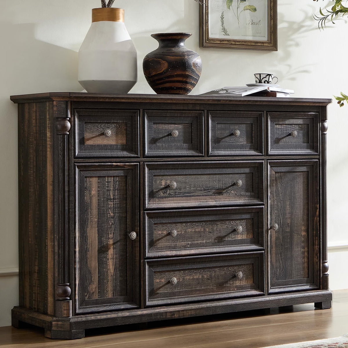 Brafabhome Rattan 6 Drawers Dresser for Bedroom, Vintage Boho Double Dresser Wicker Chest with Wooden Legs for Living Room Hallway| Mint
