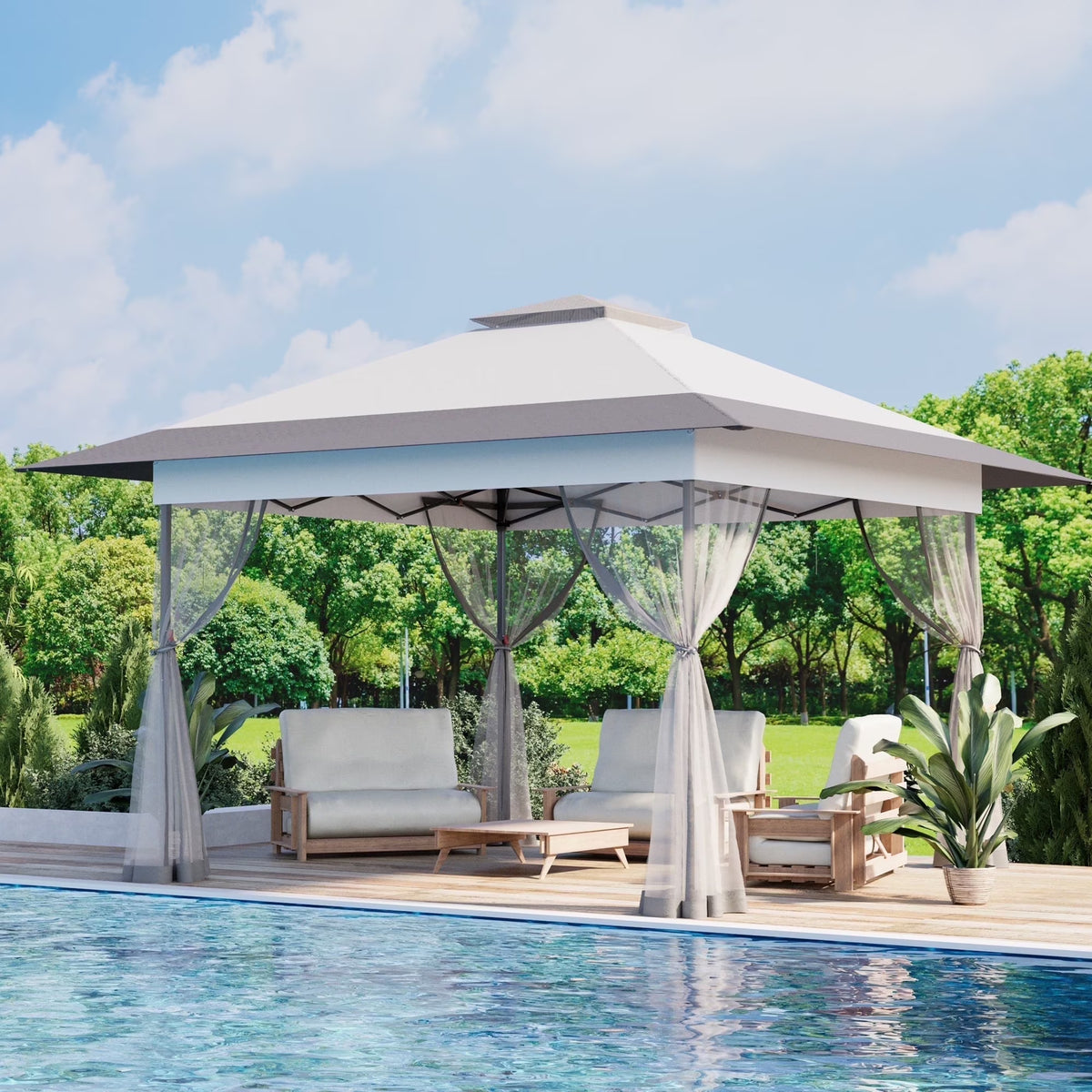 Bezseller 11x11 Pop up Gazebo, Outdoor Waterproof Canopy Tent with Mosquito Netting for Outdoors, Khaki