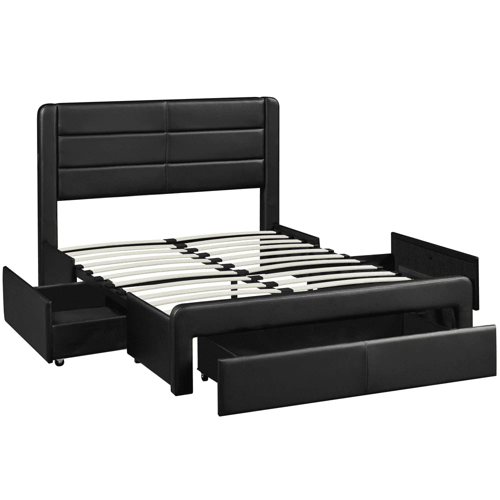 Easyfashion Upholstered Platform Queen Bed with 3 Storage Drawers and Built-in USB Ports, Black