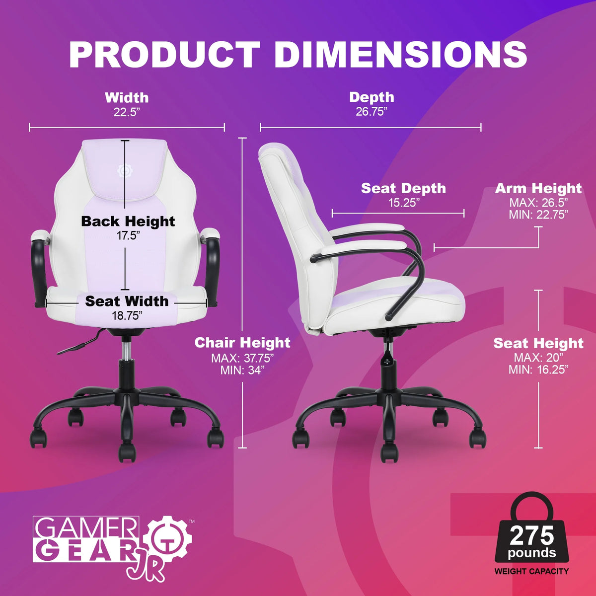 Gamer Gear Jr. Xplorer Gaming and Computer Chair, Kids and Teens Gaming Chair with Padded Arms, Adjustable Height, White and Black