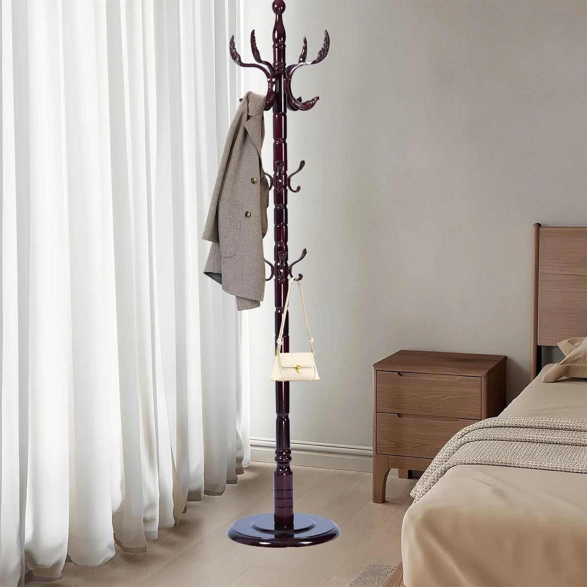 Coat Rack Freestanding, Hall Tree with 11 Hooks, Heavy Duty Wooden Coat Tree Stand, Adjustable Height, Sturdy Base for Bedroom Hallway Office - Load 270lbs