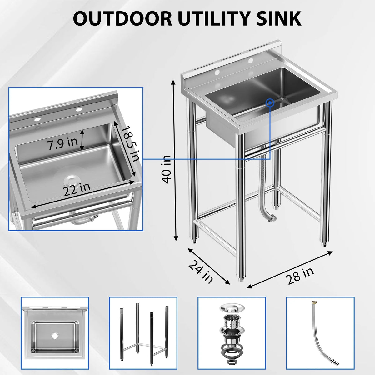 Maritcute 28"x20"x34" Stainless Steel Utility Sink with Hot/Cold Faucet, NSF Certified, for Home and Commercial Use