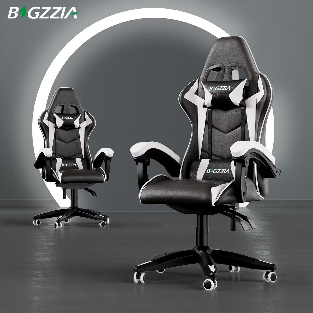 Bigzzia Gaming Chair Pu Leather Office Chair with Ergonomic Lumbar Pillow, Reclining Racing Game Chair Backrest and Seat Height Adjustable Swivel Recliner,Esports Chair with Headrest,Blue