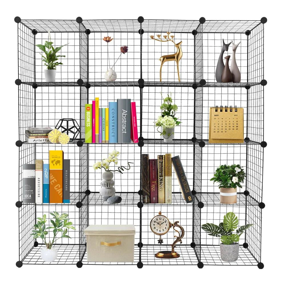 Ktaxon 16-Cube Organizer, Stackable Metal Grid Modular Cubbies Shelves Bookcase Multifunctional