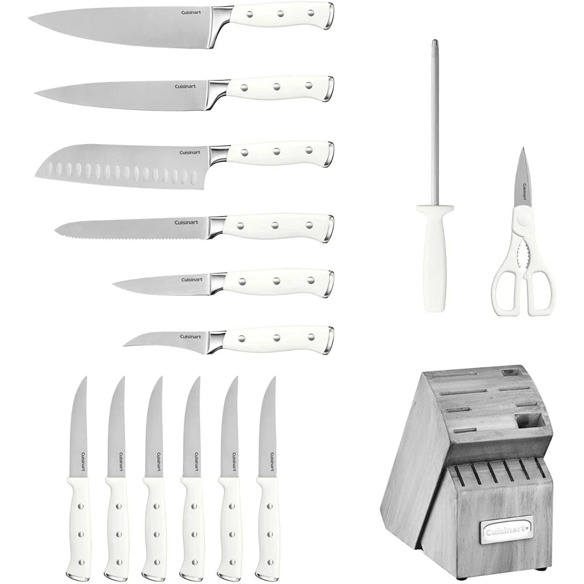 Cuisinart C77WTR-15PG Triple Rivet Collection 15-Piece Cutlery Block Set, White/Grey