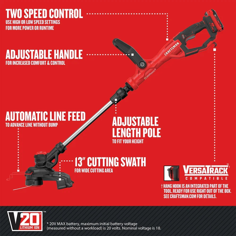 Restored Craftsman CMCST900D1R 20V WEEDWACKER Automatic Feed Lithium-Ion 13 in. Cordless String Trimmer/Edger Kit (2 Ah) (Refurbished)