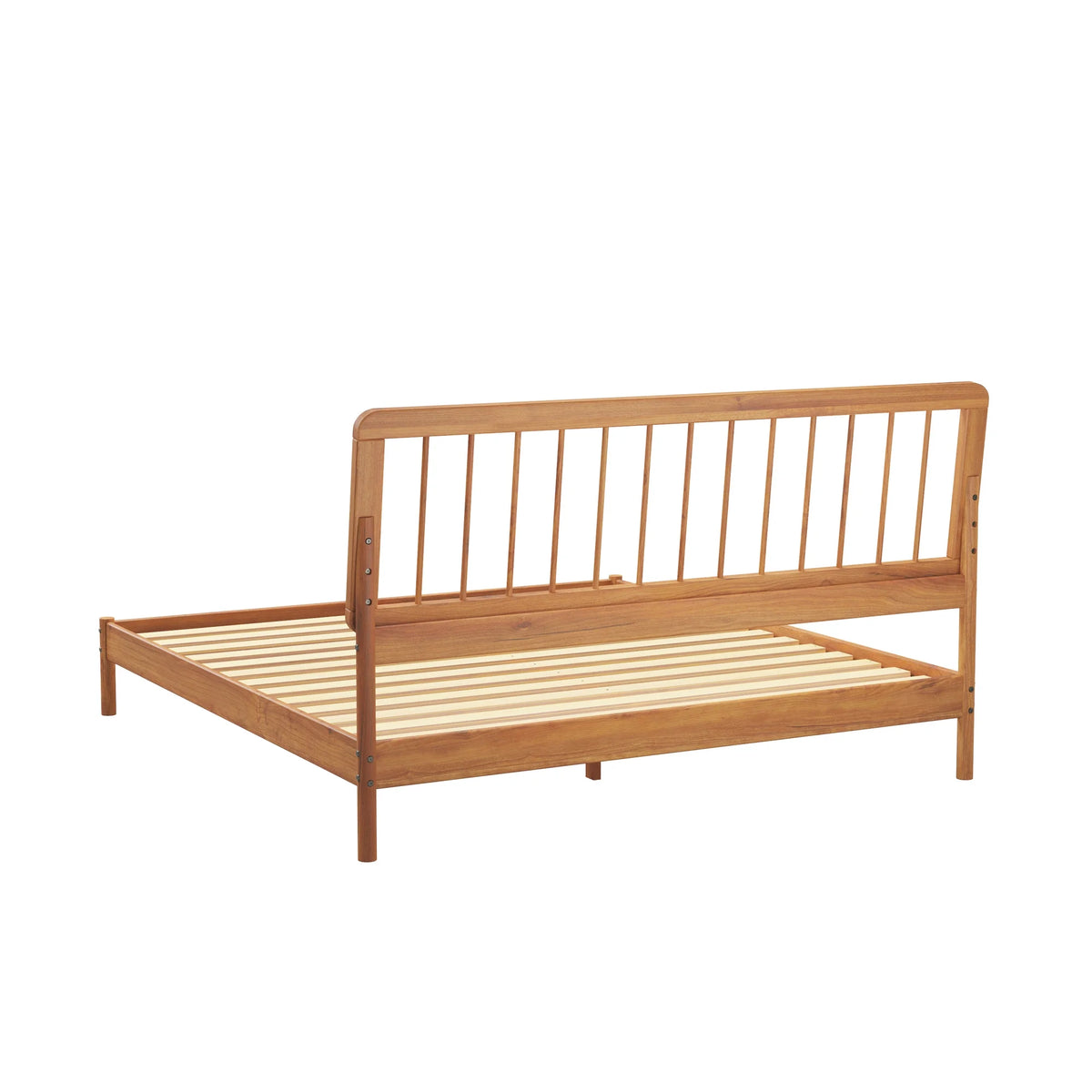 Walker Edison Mid-Century Modern Slatted Solid Wood Queen Bedframe, Natural Pine