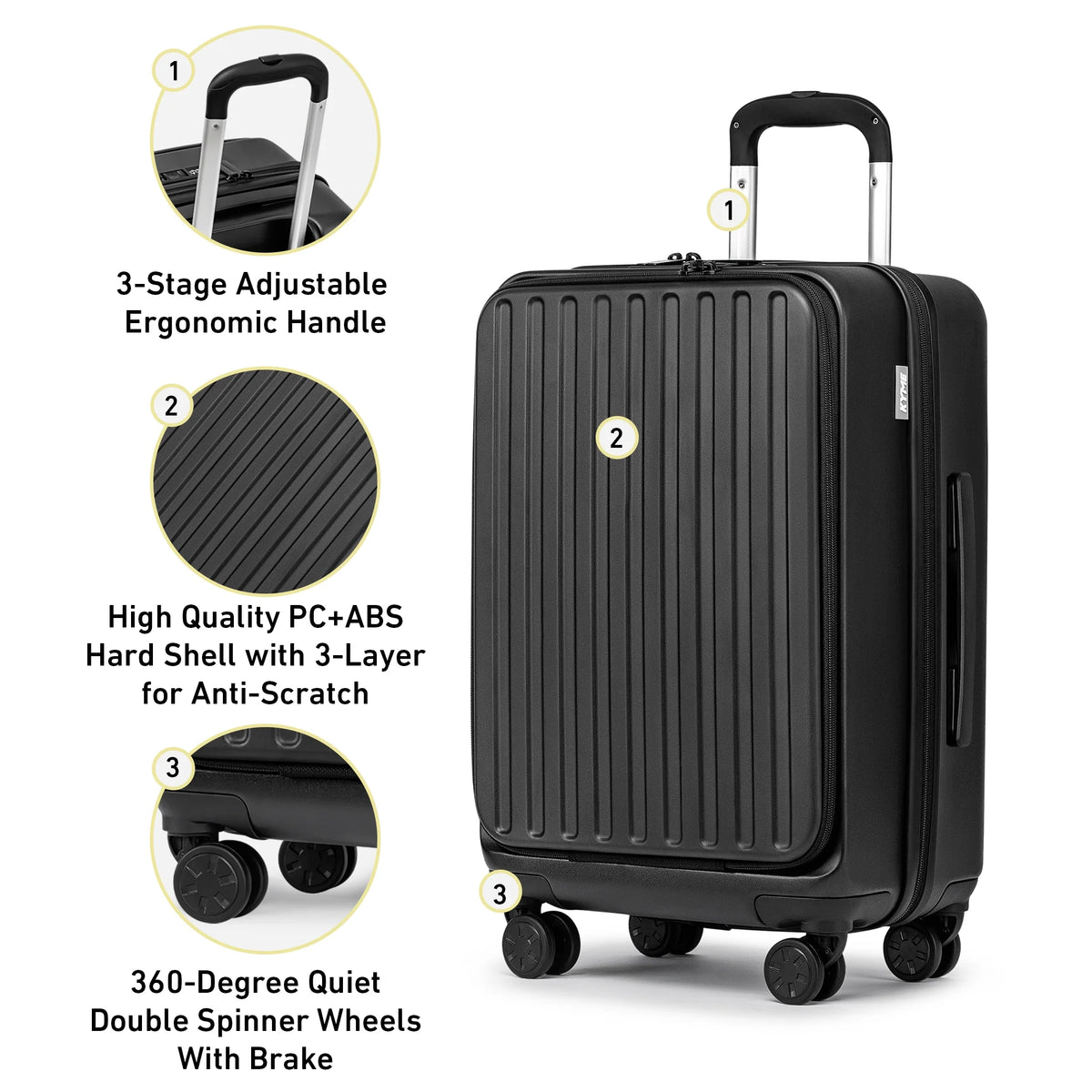 Front Open Carry On Luggage Laptop Compartment 100%PC TSA Lock Spinner Wheels 20" Lightweight Hardside Suitcase