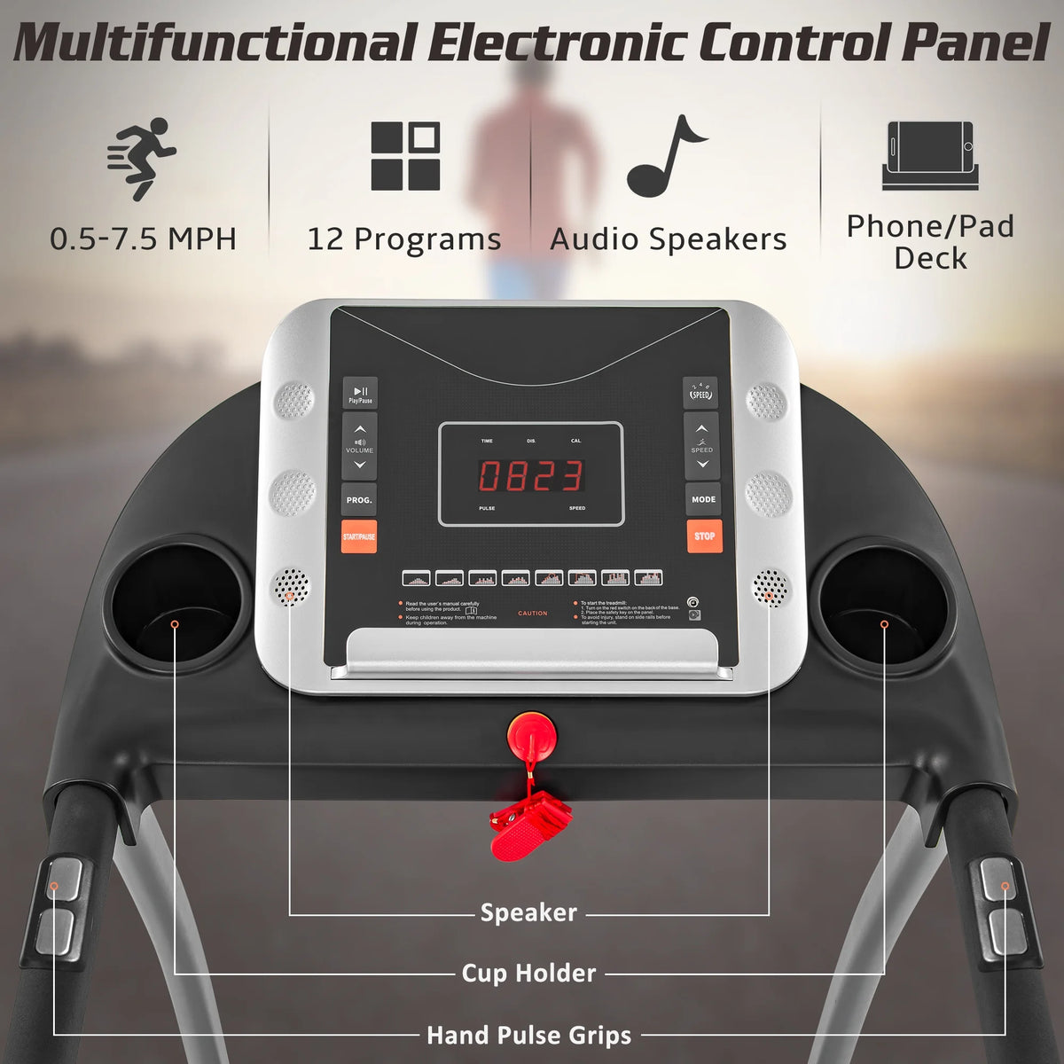 EUROCO Folding Treadmill with 7.5mph Speed, Portable Running Walking Compact Exercise Machine with 12 Preset Program, 3-Level Incline ,  Device Holder and Pulse Sensor for Home